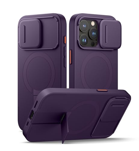 Coque Magnétique iPhone 15 Pro Évitant les Chocs avec Cache Objectif Coulissant et Support Violet
