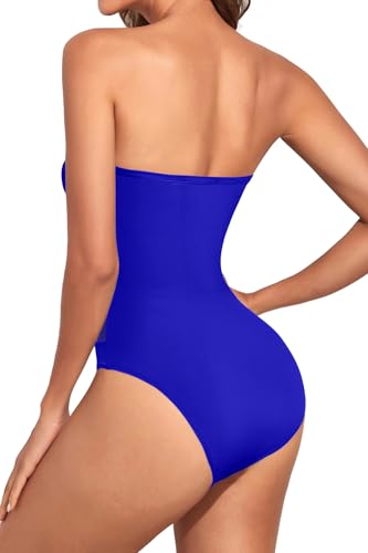Image of Holipick Women Strapless Bandeau One Piece Swimsuits Sexy Mesh Cutout Bathing Suits Tummy Control Swimwear