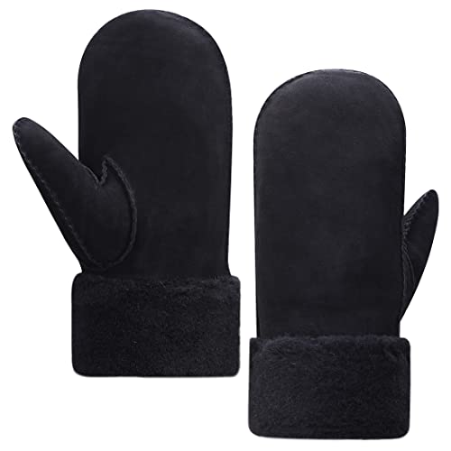 Harssidanzar Herren Fäustlinge Winter,Schaffell Shearling Beheizte Warme Pelzmanschetten Fäustlinge Für Winterkaltes Wetter KM042EU,Schwarz,Größe L