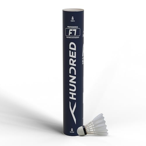 Image of Hundred F7 Feather Shuttlecock | Professional Feather Badminton Shuttlecocks | Natural Cork & Duck Feathers | Speed 76 | Pack of 12 | White