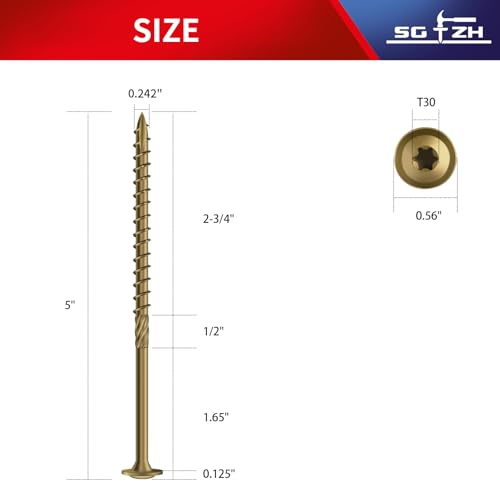 Image of #14 x 5 Inch Lag Screws (25Pcs) 1lb. Structural Wood Screw, Bronze, Carbon Steel, Washer Head, Rust Resistant epoxy Coated, T30 Star Bit