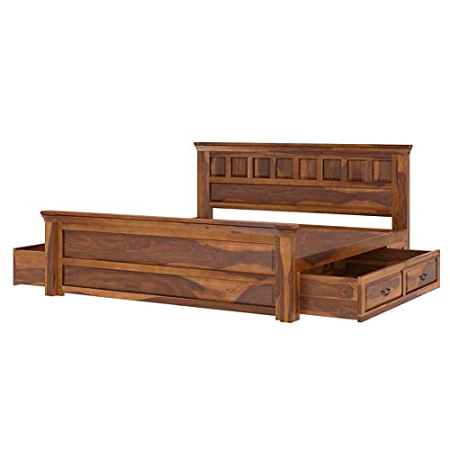 Image of Torque Allen Solid Wood King Size Bed with Storage Drawer - Brown | Wooden Palang Diwan Cot for Living Room Furniture | Double Bed for Sleeping