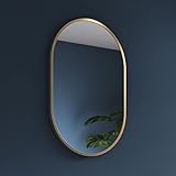 Pebble Grey Bathroom Mirror Brushed Brass Oval 400x600mm – Kira Wall Mounted Pill Shape Mirror for Bathroom, Bedroom or Hallway, Dual-Orientation Aluminum Frame Design for Modern Indoor Spaces