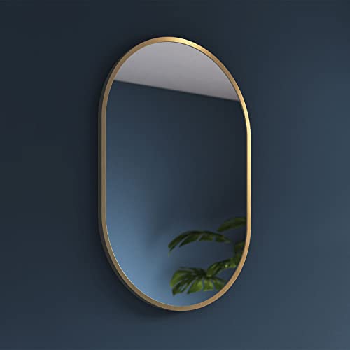 Pebble Grey Bathroom Mirror Brushed Brass Oval 400x600mm – Kira Wall Mounted Pill Shape Mirror for Bathroom, Bedroom or Hallway, Dual-Orientation Aluminum Frame Design for Modern Indoor Spaces