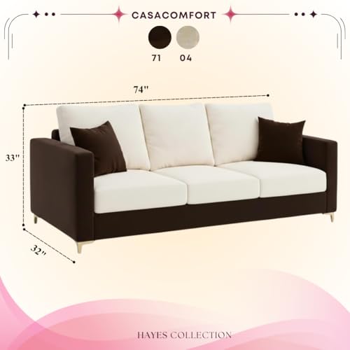 Image of Hayes Dual Tone Rich Velvet Suede 3 Seater Sofa | Golden Aesthetic Legs | Spacious Soft Touch Comfort Seating | Modern Sofa for Living Room (Dark Brown & Cream)