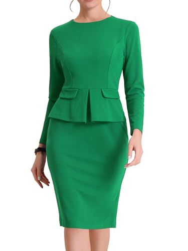 Image of Allegra K Women's Long Sleeve Office Work Peplum Sheath Dress | Crew Neck, Bellow the Knee, Dressy Casual Business Formal Outfits, Professional Interview Outfits