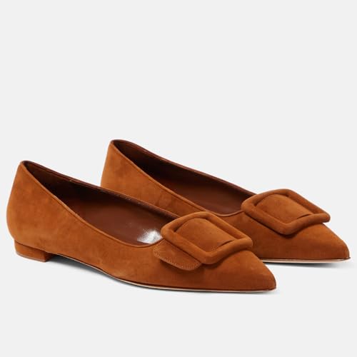 Women's Sexy Pointed Toe Ballet Flats Fashion Suede/Crocodile Slip On Dressy Flats Closed Toe Evening Wedding Office Low Heel Shoes for Women Brown Suede Size 8.53