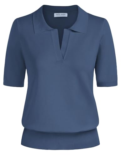 Kate Kasin Women Short Sleeve Polo Sweater Tops Lightweight Dressy Casual Tops Blouses Shirts Grey Blue L