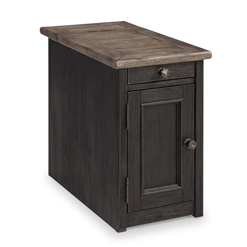 Image of Signature Design by Ashley Narrow Chairside End Table, USB & Outlets | Solid and engineered wood and veneers, 14 in wide, Pull-out tray with 2 cup holders, USB & AC power, Tyler Creek Series