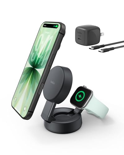 Image of Belkin MagSafe Charger Compatible, 2-in-1 Wireless Charging Station, Qi2.2 25W Convertible Magnetic Charger for iPhone 17, Apple Watch Series 10, Google Pixel 10, and More (45W Adapter Included)