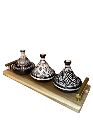 Set of 3 Mini Tagines with Tray - Moroccan Artisan Craftsmanship for Sauces and Spices (Model 06)