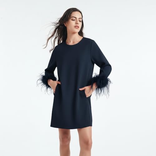 Image of D-Sun Women Feather Dress 3 /4 Feather Sleeves Mini Dress | Round Neck,Elegant Party Dress, Wedding Guest Cocktail Dresses with Pocket