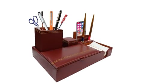 Image of LUVYANSH Genuine Leather Multipurpose Desk Organizer Stylish Pen Stand With Mobile Cum Remote Stand With Memo Pad Holder Office Table Organizer Desktop Stationery Supplies 7 Compartments (Brown)