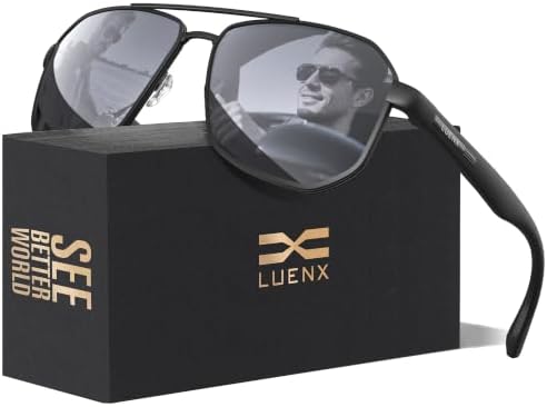 LUENX Aviator Sunglasses for Men Square Polarized Polygon Lens - UV 400 Protection with Accessories
