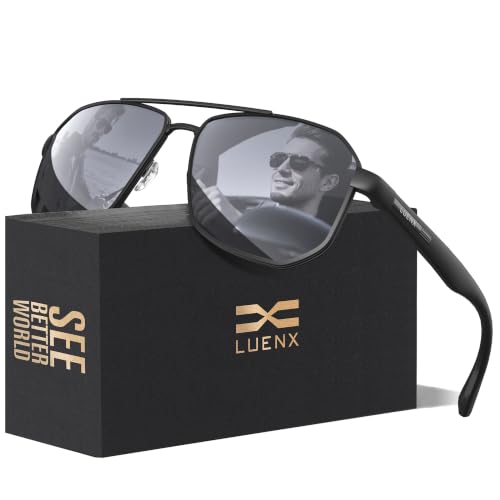 Image of LUENX Aviator Sunglasses for Men Square Polarized Polygon Lens - UV 400 Protection with Accessories Driving Outdoor