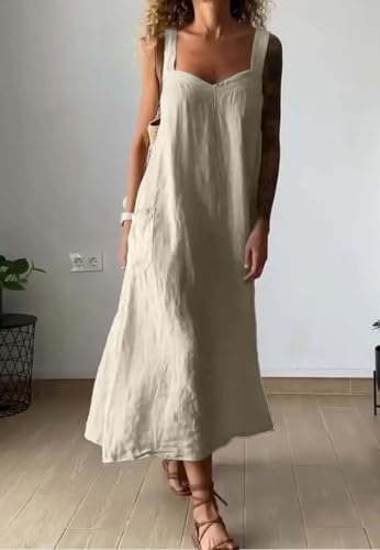 Image of chouyatou Women's Summer Spaghetti Strap Sleeveless Linen Overall Dress Casual A-Line Midi Long Beach Dress