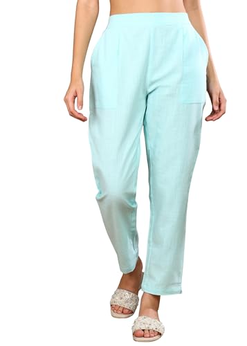 Image of Yash Gallery Women's Regular Fit Mid Rise Solid Cotton Slub Ankle Length Regular Trouser Pant