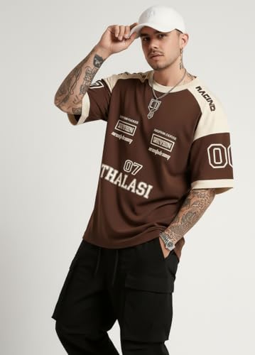 Image of THALASI Men Cotton Jersey Aesthetic Oversized T shirts for Men | Sports Jerseys T-shirts & Half Sleeve Round Neck Printed Tshirt for Mens - Down Shoulder Loose & Baggy Fit Korean T shirt for Man & Boy