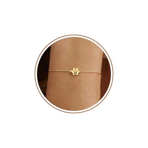 M Initial Bracelets for Women Memorial Gift for Dogs Lover Pet Paw Bracelets for Her Dog Mom Gifts Adjustable Dainty 14k Gold Plated Bracelet for Daughter Niece