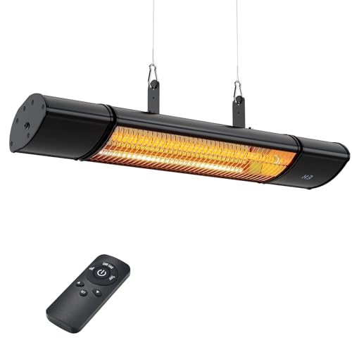 Electric Hanging Patio Heater with remote control, built in Temperature Control, Wall mounted or ceiling mounted, Suit for Outdoor, 1500W, Black by Colliford - Used condition - US$111.14