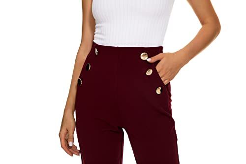 Nunu Yong Women's Casual High Waisted Ankle Cropped Pants Elastic Waistband Slant Pockets With Metal Buttons X-Large Red Plum #TOP3
