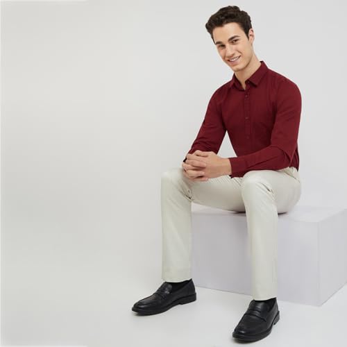 Image of Raymond Men Slim Fit Solid Pattern Linen Cotton Blend Regular Collar Full Sleeve Casual Shirt