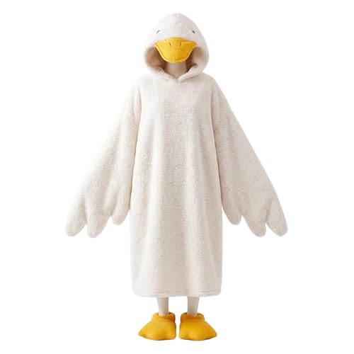Funny Goose Hoodie Blanket for Adults Coral Fleece Duck Pajama Onesie with Goose-Foot Slippers S-XL (xl)