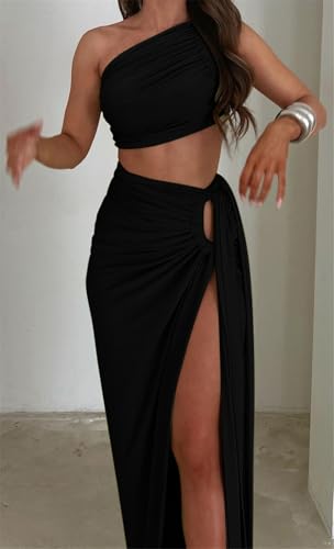 Women's Sexy 2 PCS One Shoulder Tank Tops Lace Up Bodycon Split Skirts Cocktail Party Dress Outfits Set3