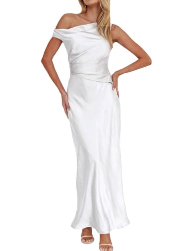 Gmeitoey Women's Summer Elegant Satin Off Shoulder Sleeveless Maxi Dress