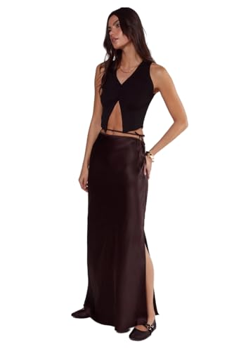 Satin Cut Out Tie Waist Bias Maxi Skirt