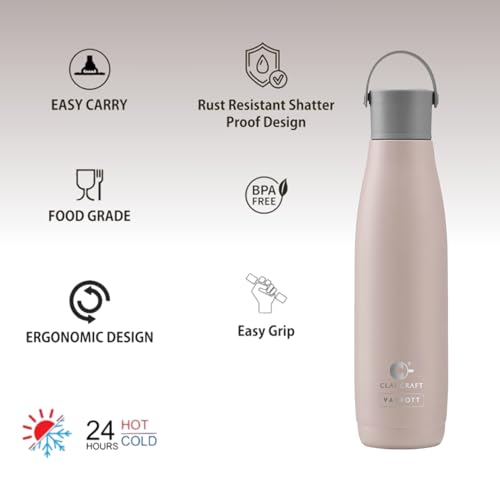 Image of Clay Craft VACBOTT Fresco Double Walled 24 Hours Hot and Cold Water Bottle-800ML, 2-Piece(Ash) Leak Proof|Easy to Carry|Gym Bottle|Home|Kitchen|Hiking|Travel Bottle|BIS Certified|Made in India