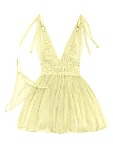 Image of Lilosy Sexy Polka Dots Mesh Sheer Lace Babydoll Chemise Lingerie Set Floral Sleep Wear
