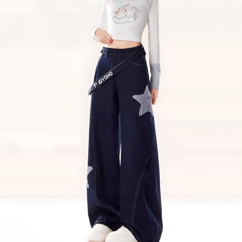 Y2K Gothic Grunge Kawaii Clothes Vintage Casual Straight Wide Leg Plaid Stars Applique Decor Jeans for Women4