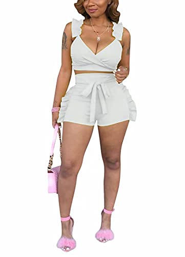 Women 2 Piece Outfit Set Summer Sexy Wrap V Neck Ruffle Wrap Cami Crop Tops Tie Waist Shorts Set Clubwear Rompers White M