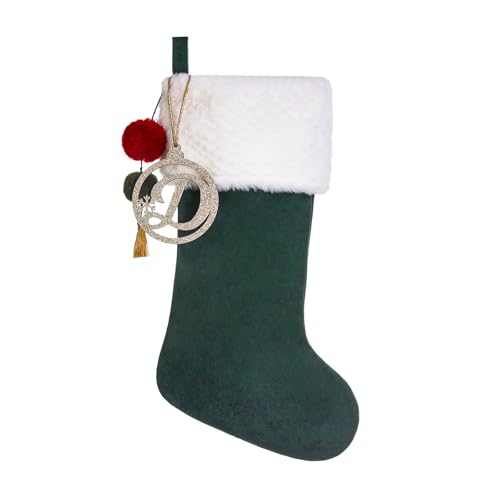 Pxniy Personalized Green Velvet Christmas Stocking, Gold Wooden Initial