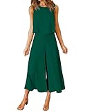 ROYLAMP Women's Summer 2 Piece Outfits Round neck Crop Basic Top Cropped Wide Leg pants Set Jumpsuits Dark Green Medium