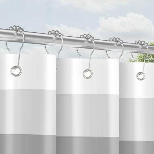 Duschvorhang mit Metall Duschvorhangringe 180x200 cm Schiene Grau, Beschwerter Saum Antischimmel Textil, Wasserabweisend, Waschbar Polyester Badevorhänge Set mit Ösen für Badezimmer, Badewanne