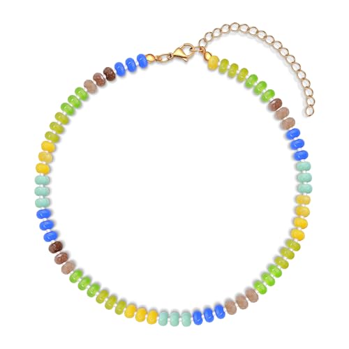 AILUOR collar de cuentas de piedras preciosas para las mujeres, Boho arco iris colorido collar de cuentas gargantilla de piedra natural verde de verano joyería de playa (arco iris-B)