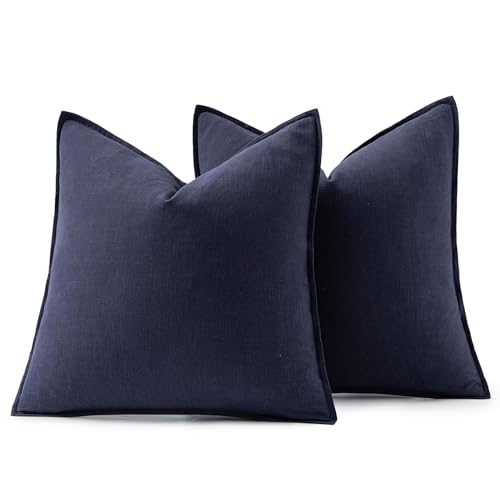 Image of MIULEE Decorative Linen Pillow Covers 20x20 Inch Navy Boho Farmhouse Neutral Couch Throw Pillows for Bed Pack of 2 Accent Modern Pillowcase Summer Sofa Livingroom Home Decor