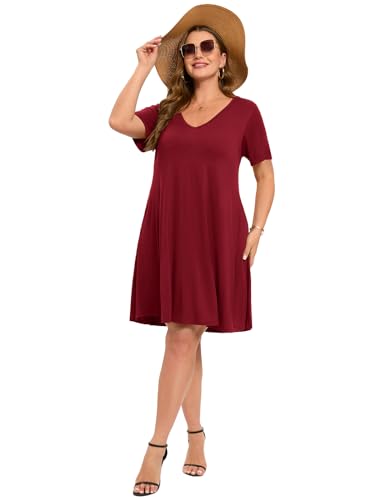 Image of ZENNILO Women's Plus Size Swing Dress with Pockets Casual Summer Dresses V Neck Short Sleeve T Shirt Dress for Women