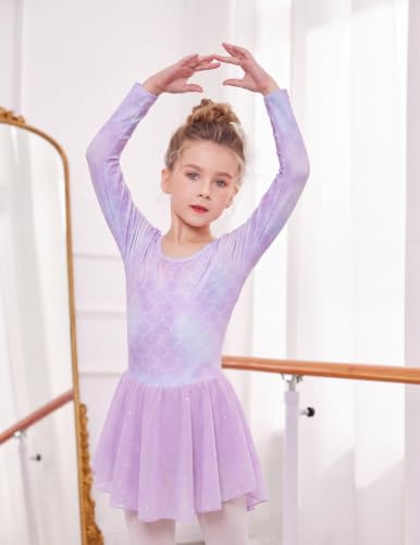 Image of Arshiner Girls Long Sleeve Ballet Leotards with Shinny Skirts Criss-Cross Back Dance Dresses