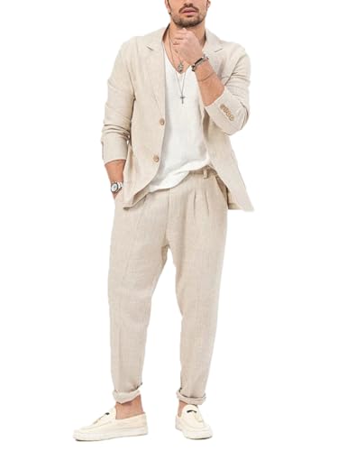 Men's Casual Linen Suit 2 Piece Slim Wedding Suit for Men Beach Party Prom Business Linen Jacket+Pant2