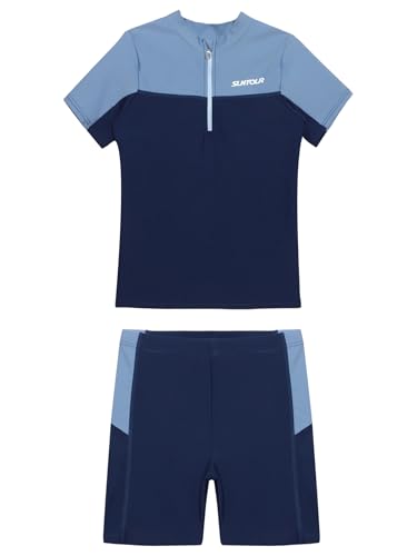Kids Boys 2Pcs Rash Guard Sun Protection Swimwear Beachwear Short Sleeve Zipper Swim Top and Shorts Set4