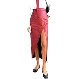  Femmes Imitation Cuir Avant Fourche Slim Jupe Longue Rouge PU Cuir irrégulière Fourche Longue Jupe Automne Fashion Set