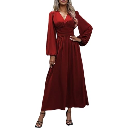 Herbstkleid Damen Lang Elegant V-Ausschnitt Wickelkleid Laternenärmeln Abendkleider Langarm Tunika Kleid Hohe Taille Festlich Maxikleider A-Linie...