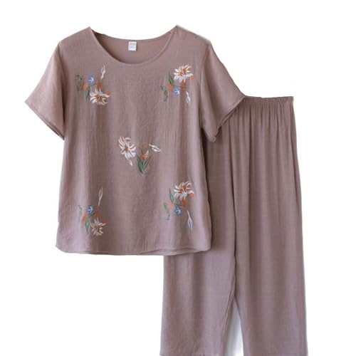 Image of FindThy Women's 2 Piece Linen Outfits Short Sleeve Floral Print Lounge Sets Crewneck Summer Suits