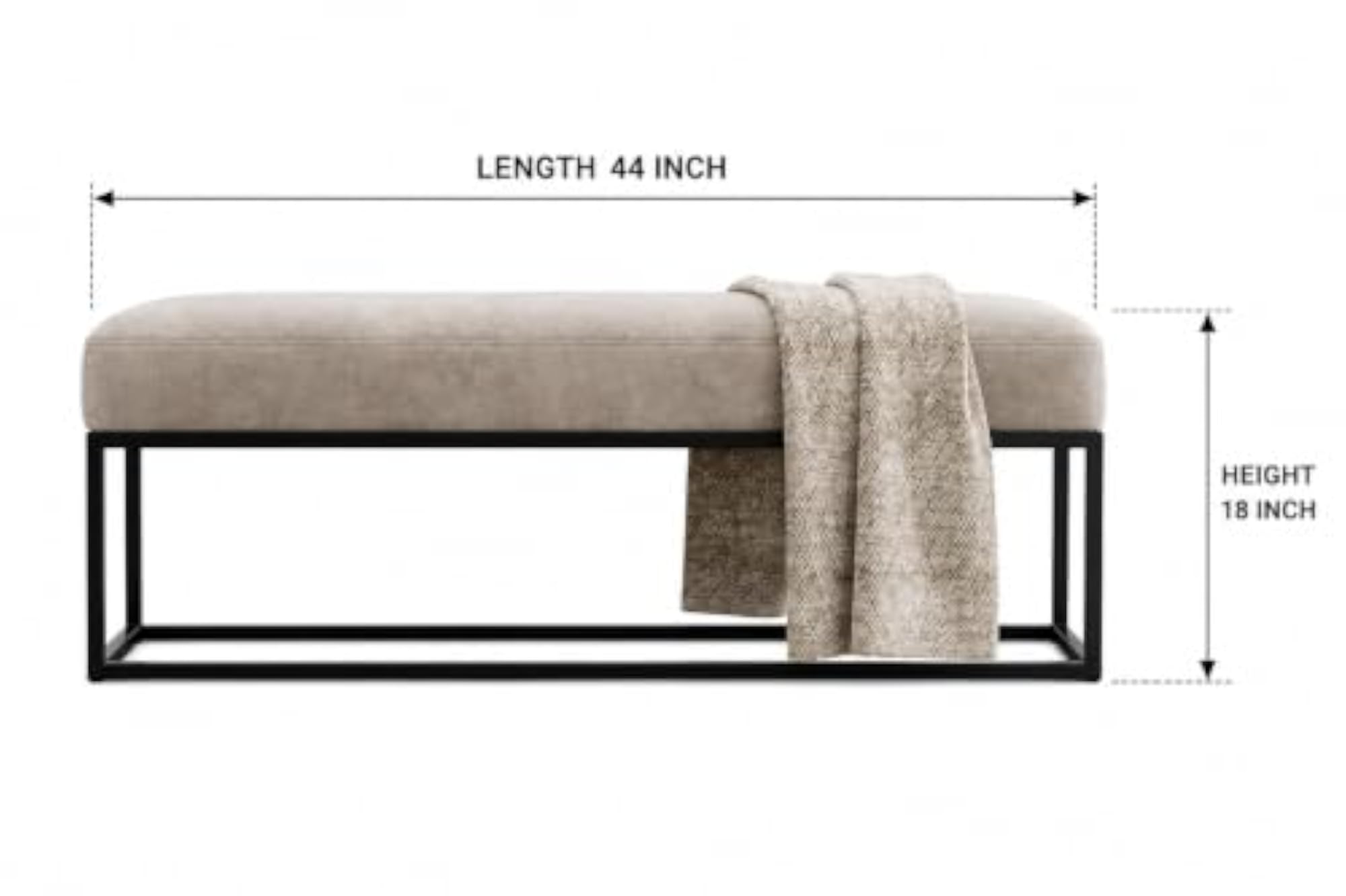 Upholstered Bench with Black Metal Frame, Beige Cushion Seat