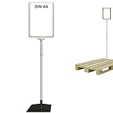 Ständer mit Plakatrahmen DIN A4 transparent, T-Stück transparent, ALU-Teleskoprohr mit Kunststoffversteller ausziehbar bis 151 cm und Fußplatte eckig 16 x 19,2 cm Stahl