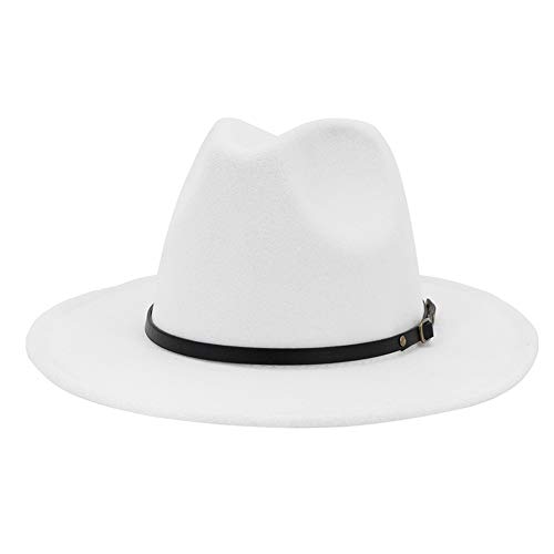 HUDANHUWEI Women s Classic Wide Brim Fedora Hat with Belt Buckle Felt Panama Hat (White)