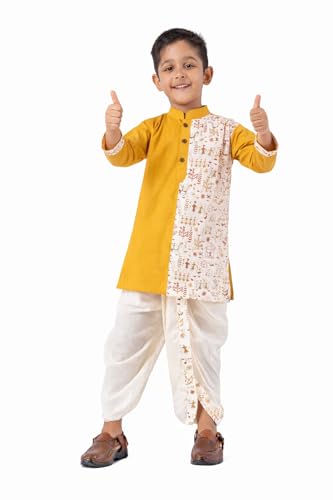 Image of Kids Ethnic Wear - Stylish Half Printed & Vibrant Color Pure Cotton Kurta with Elastic Waist Dhoti Set for Boys